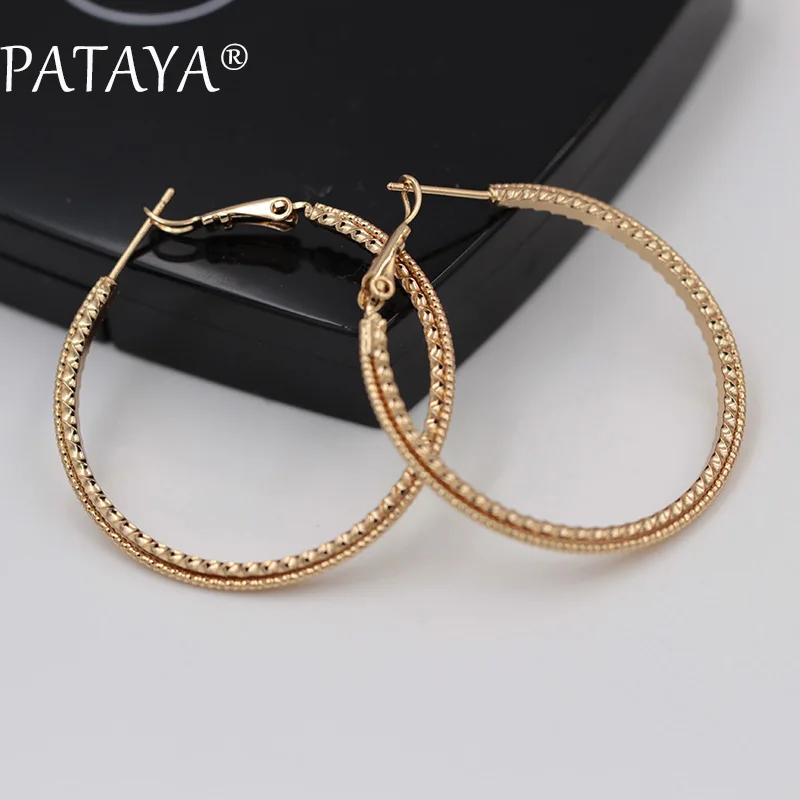 

PATAYA New Arrivals Women Luxury Fine Carving Jewelry 585 Rose Gold Unique Hyperbole Big Circle Dangle Earrings Special Offer