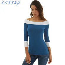 LOSSKY Patchwork Slim T Shirt Sexy Off Shoulder 3/4 Sleeve Bodycon Women Casual T-shirt Slash Neck Fashion Tshirt Tops Tees 2018