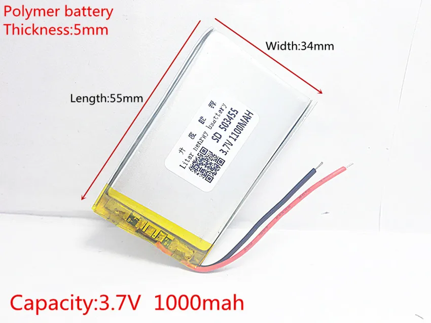 3,7 V 1000 mAh 503455 литиево-полимерный lipo Перезаряжаемые Батарея ионных элементов для Mp3 Mp4 Mp5 Рисованные подложки DVD E-Book гарнитура bluetooth