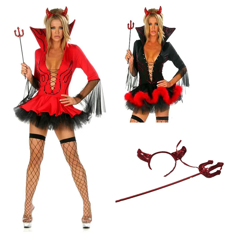 COLDKER Дамы Хэллоуин Дьявол маскарадный костюм рога женщина сексуальный дьявол костюм наряд с носками