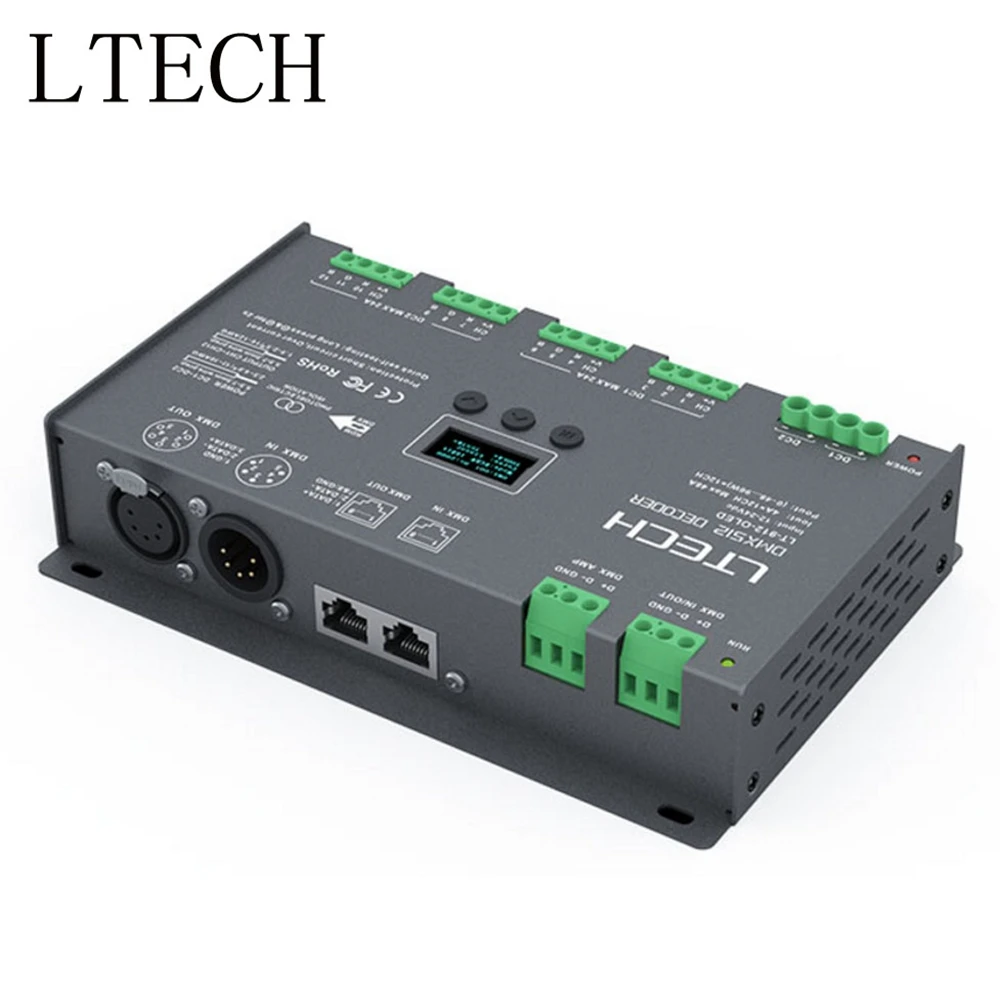 

LTECH 12CH CV DMX Decoder LT-912-OLED 12 Channel RGB/RGBW Led DMX Decoder Controller DC12-24V Input 4A*12CH Output XLR-3/RJ45