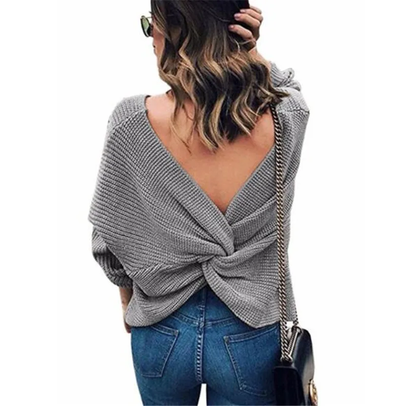 

WKOUD 2019 Fashion Deep V-neck Backless Sweater Candy Color Back Cross Knitted Pullovers Sexy Solid Loose Streetwear Y8112