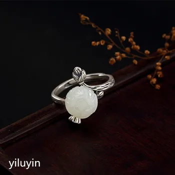 

KJJEAXCMY boutique jewelry S925 pure silver antique mosaic and Tian Yu White Jade Rose Lady opening Silver Ring