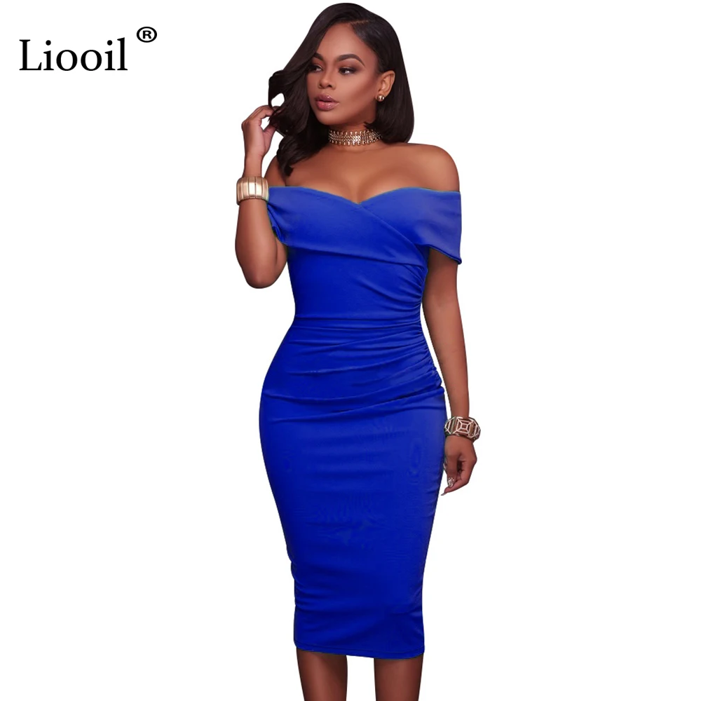 

Liooil Sexy Club Women Party Dress Off Shoulder Strapless Bodycon Elegant Pencil Dress Draped White Blue Dresses Ladies Clothing