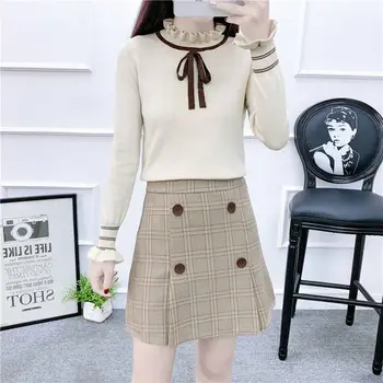 

Women Fashion Spring Autumn 2 Piece Set Outfits Lady Pullover Sweater And Plaid Skirt Suits Female Slim Tracksuit Clothing F201