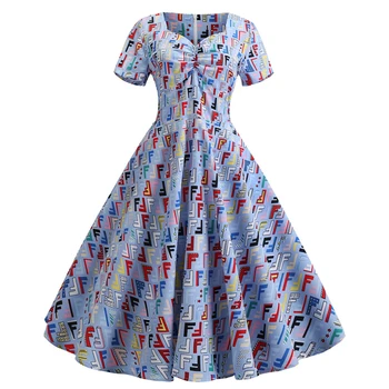 

2019 Letter Print Women Summer Dress Vintage Elegant V Neck Party Dresses Robe Plus Size Casual A-Line Office Ladies Work Dress