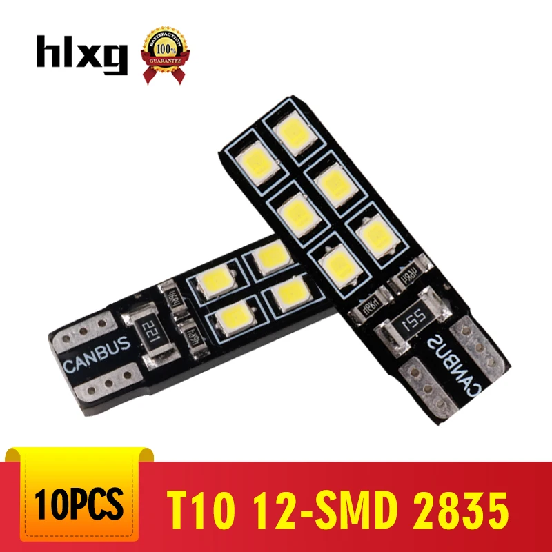 

hlxg 10PCS T10 LED Canbus Error Free 12-SMD 2835 Silica Light Bulb 6000K W5W 194 168 12V Car Side Wedge Light White Lamp Bulb