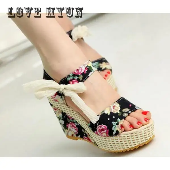 

Fashion Women Sandals Summer Wedges Women's Sandals Platform Lace Belt Bow Flip Flops open toe high-heeled Women shoes Female