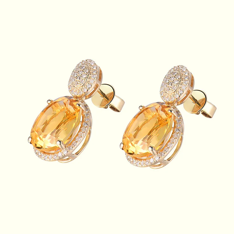 Oval 10x12mm Natural Citrine Drop Earrings In Solid 14Kt Yellow Gold