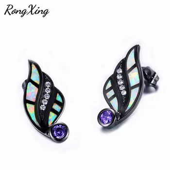 

RongXing Black Gold Filled Round Zircon Purple Birthstone Stud Earrings White/Blue Fire Opal Angel Wing Double Earrings Gifts