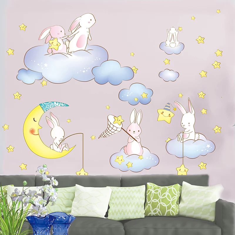 

[SHIJUEHEZI] Rabbits Animals Wall Stickers DIY Cartoon Clouds Stars Moon Mural Decals for Kids Room Baby Bedroom Decoration