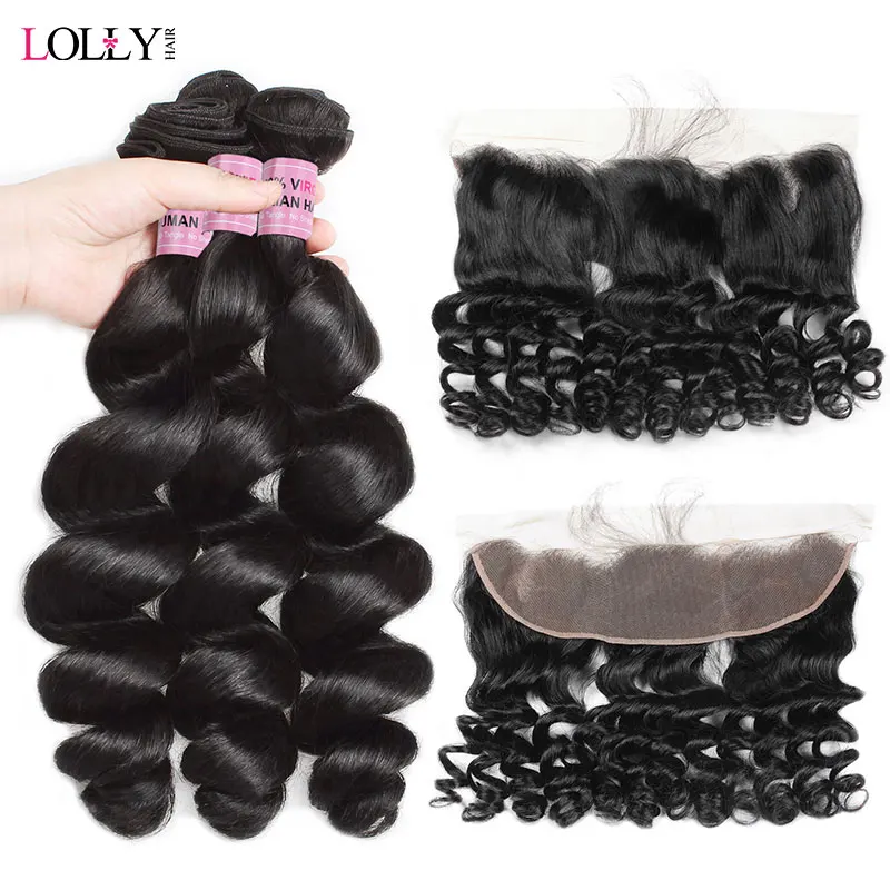 

Lolly Loose Wave Bundles With Frontal Malaysian Hair Bundles With Frontal 13X4 Inch Non Remy Human Hair Bundles With Frontal