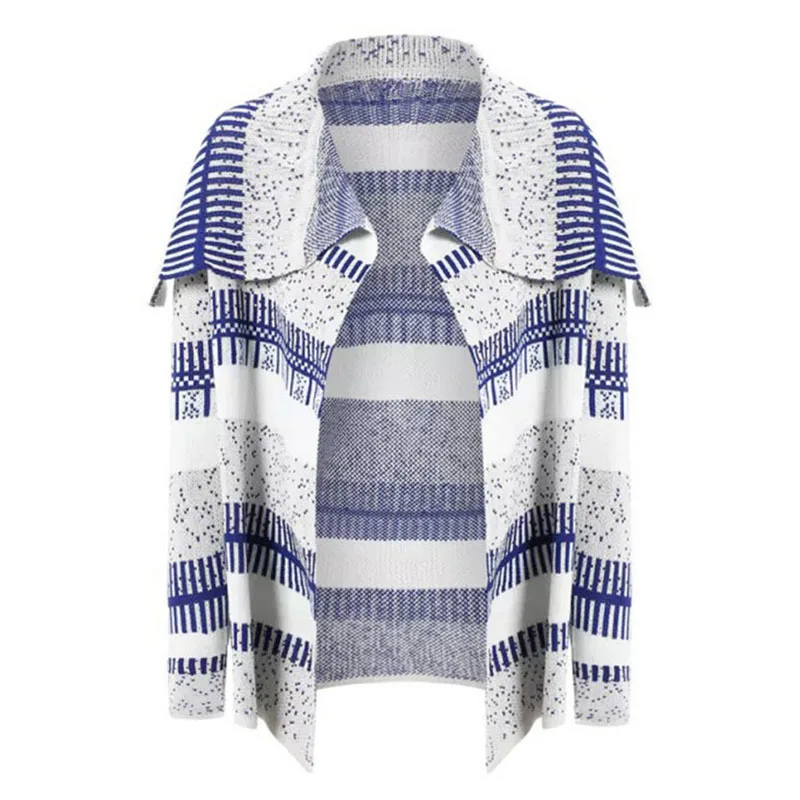 

2018 Autumn and Winter New Large Size In The Long Women's Irregular spell color Sweater Coat Women Large Lapel Knitted Cardigan