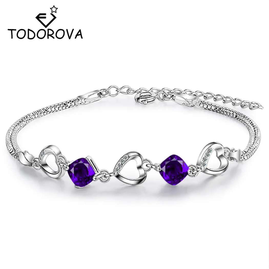 

Todorova Silver Beautiful Charm Crystal Bracelet & Bangle Bracelet for Women Wedding Mother's Day Gift Heart Chain Bracelet