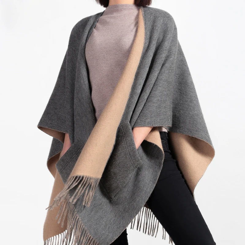 

100% Wool Winter Ponchos And Capes for Ladies Cashmere Wearable Sleeve Shawls and Wraps Women Blanket Scarves Poncho Stoles