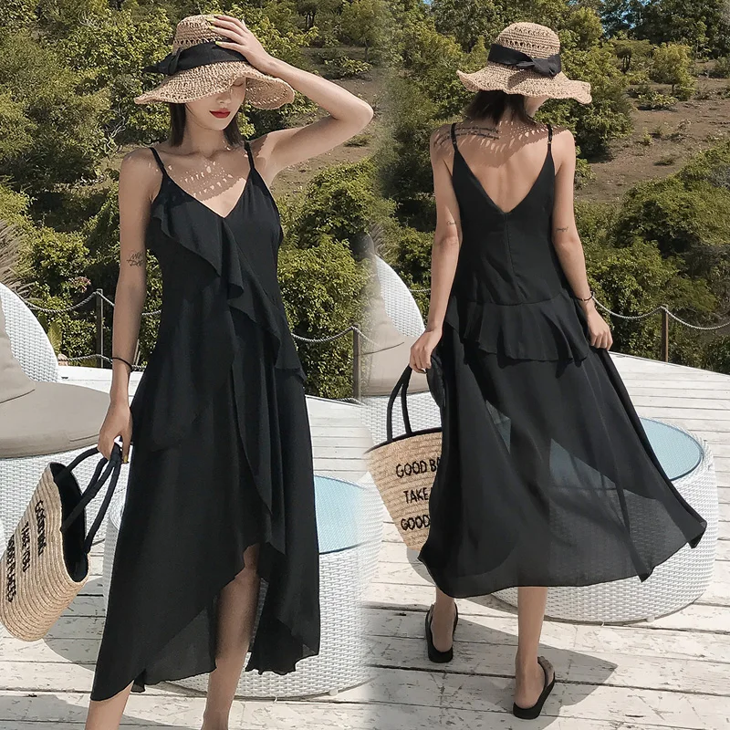 

Women's Dress Sling Black V-neck Dresses Women Maxi Dress Irregular Ruffle Beach Dresses