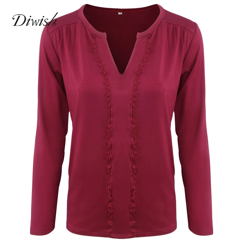 

Diwish Long Sleeves T shirt 2019 Autumn Top Solid Black Red Basic T-shirt Vintage Lace Decor V-Neck Patchwork Casual Women Top