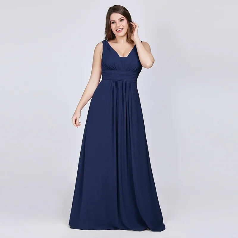 Navy Blue Платья для выпускного вечера размера плюс Ever Pretty женские элегантные шифоновые темно-синие трапециевидные Длинные вечерние платья без рукавов бордового цвета с v-образным вырезом - Цвет: Navy Blue