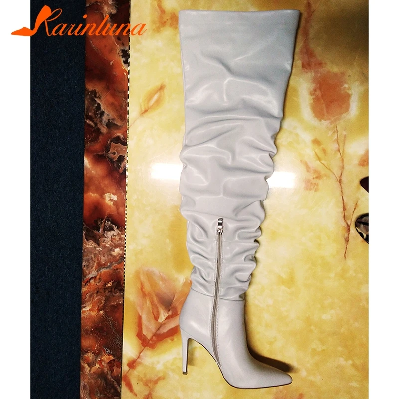 Encima Tacones Mujer De Slouch La Muslo Botte Karinluna Por Punta Femme Botas Apricot Altas Talon Delgada Rodilla Plisado Zapatos wYxqvv4H6