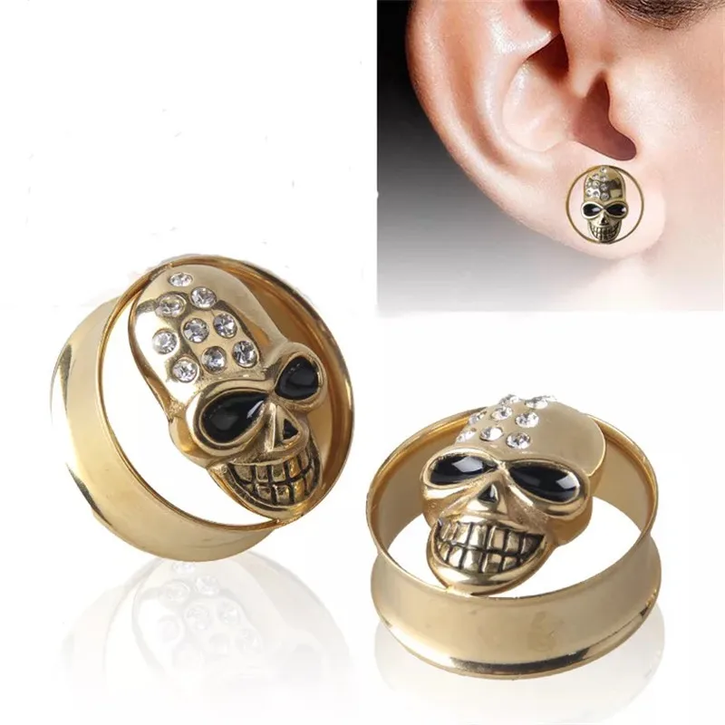 1pc New Punk Stainless Steel Ear Expansion Skeleton Gold Crystal