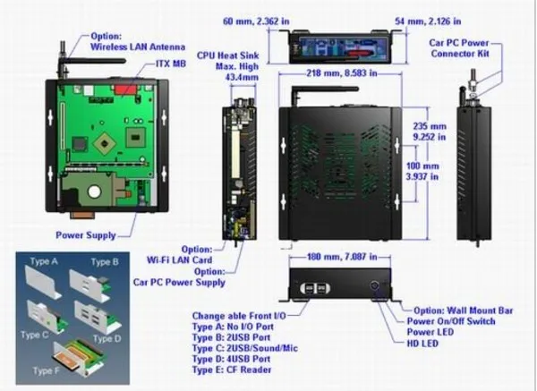 Алюминиевый корпус без вентилятора CarPC с 4 портами usb, мини ITX чехол для автомобиля PC Carputer в чехол для компьютера автомобиля