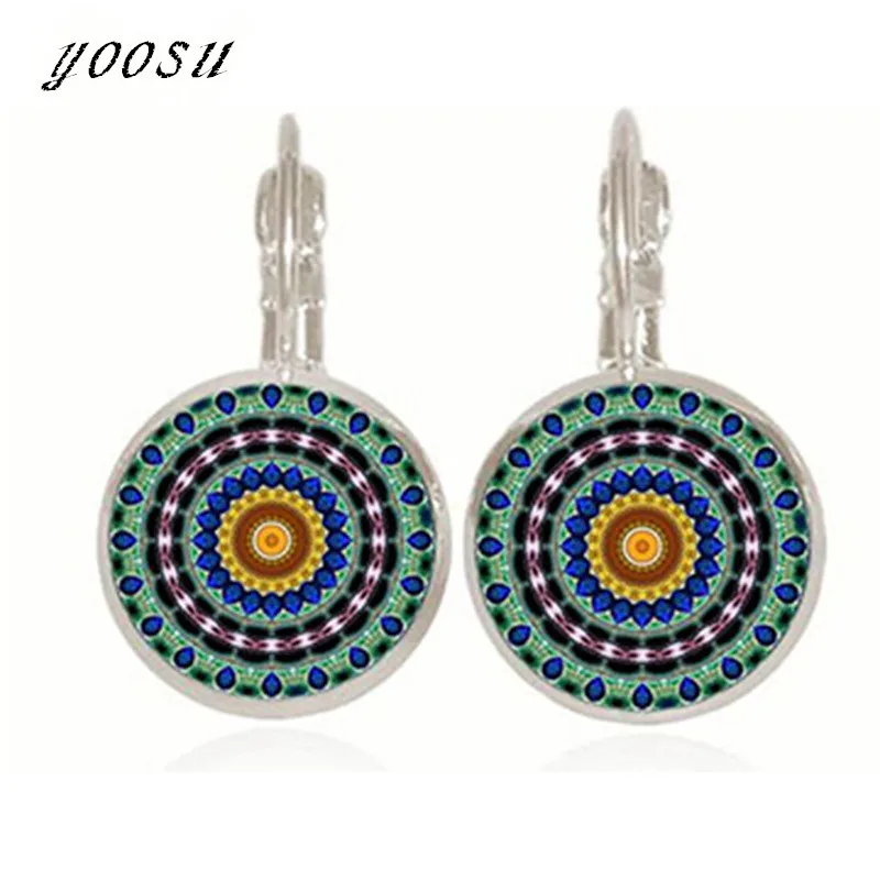 

Charms Mandala Earrings Women Henna Flower Yoga Pendant Ear Cuff Om Zen Buddhism Glass Cabochon Earings Fashion Jewelry