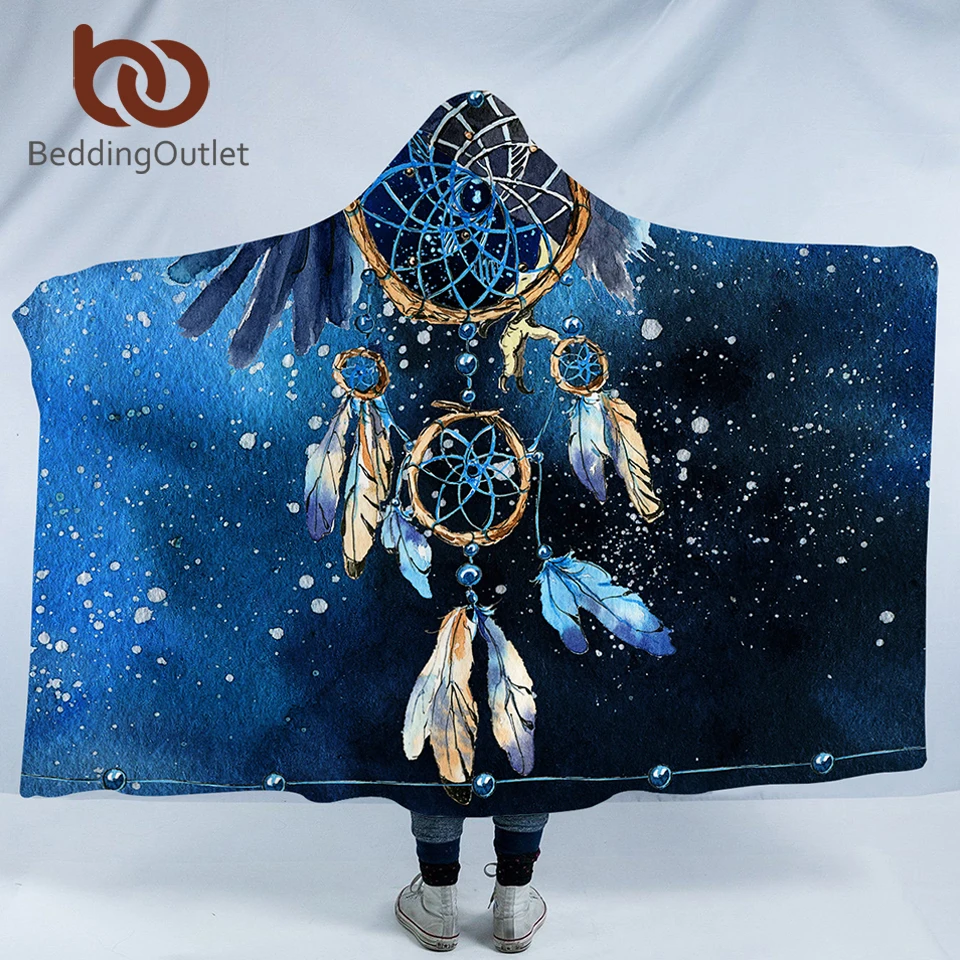 

BeddingOutlet Dreamcatcher Flannel Hooded Blanket Feather Blue Printed Cobertor Boho Wearable Blanket Bald Eagle Bedspreads