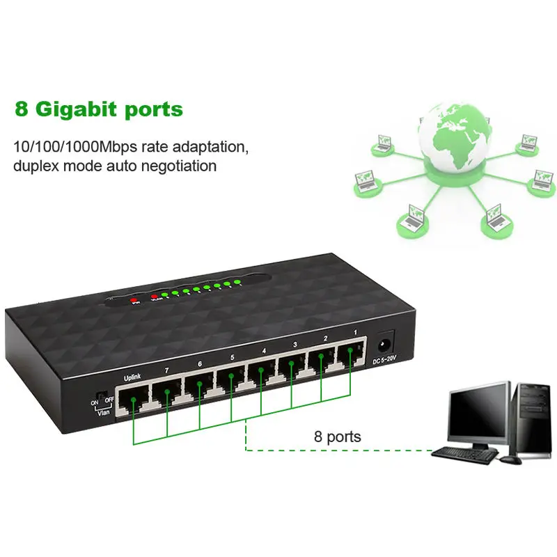 Diewu 8 Port Gigabit Ethernet Network Switch 10/100/1000Mpbs Hub Desktop Lan Hub Full/Half Duplex Exchange Ethernet Smart Swit