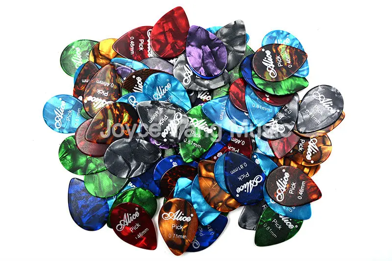 

Lots of 100pcs Alice Small Tear Drop Pearl Celluloid Guitar Picks Plectrums 0.46/0.71/0.81mm Thin Medium