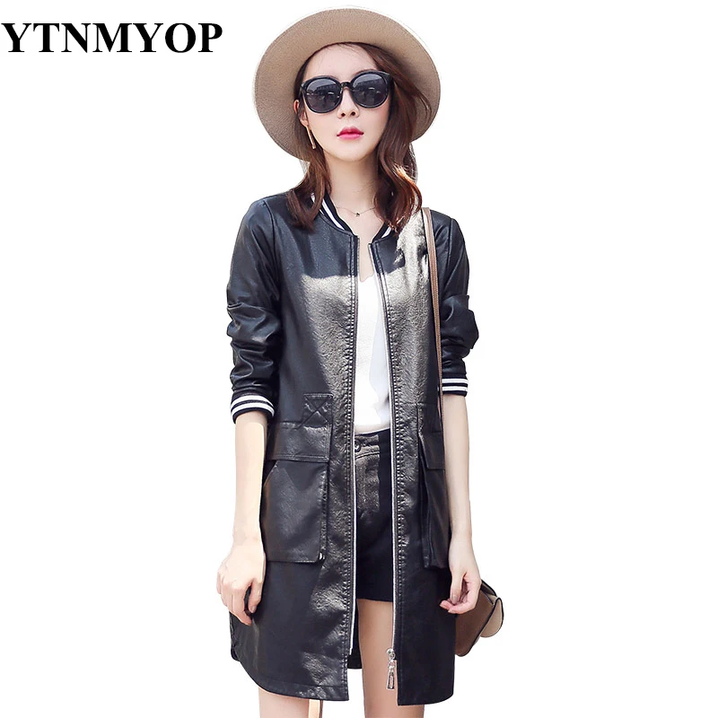

YTNMYOP High Street Baseball Clothing Spring And Autumn Basic Leather Coat Outerwear Slim Long Leather Trench Plus Size M-3XL