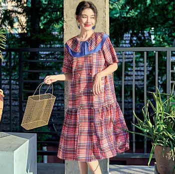 

Plaid Print Designer Ladies Dress Turn-down Collar Short Sleeve Loose Dress Summer Women Vestidos Ropa Mujer