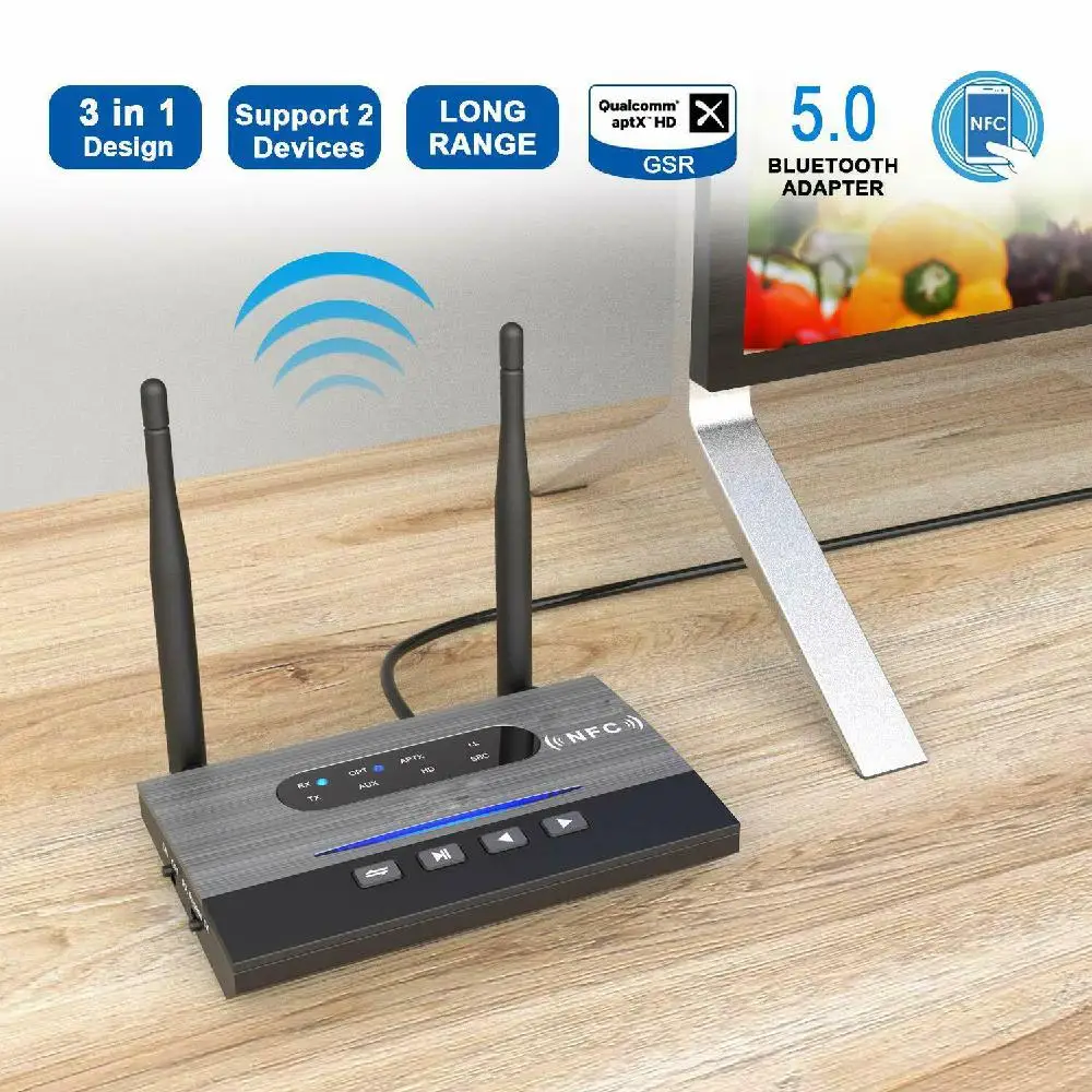

NFC 262ft/80m Long Range Bluetooth 5.0 Transmitter Receiver 3in1 Music Audio Adapter Low Latency aptX HD Spdif RCA AUX 3.5mm TV