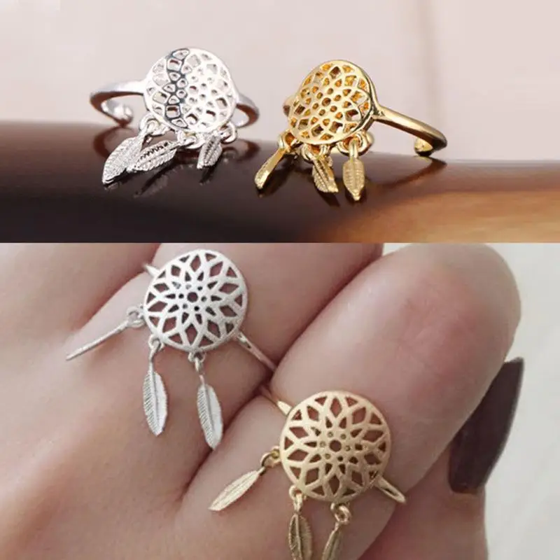 Anillo atrapasueños de Metal hueco para mujer, atrapasueños dorado, anillo dedo, colgante de pluma, atrapasueños, anillos de deseos|dreamcatcher ring|finger ringring women - AliExpress