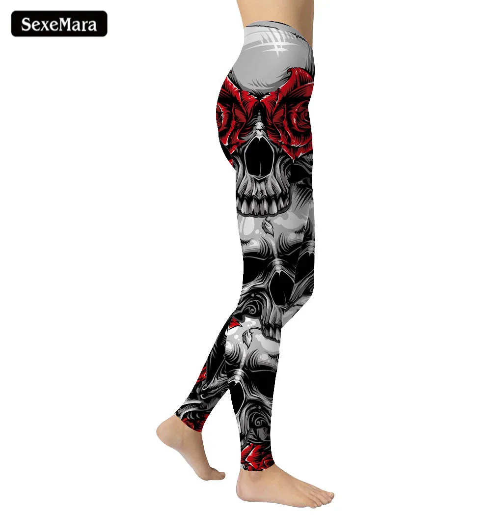 

SexeMara 2018 New Spring&Summer Women Leggings Digital Printing Red Rose Skull Leggings Punk Style Comfortable Pants lgs3912