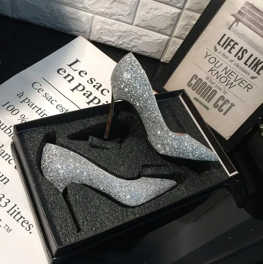 

bride High heels Bride shoes woman 5cm/7cm/9cm heel Fish toe Pumps pointed rhinestone single crystal wedding shoes fast shipment