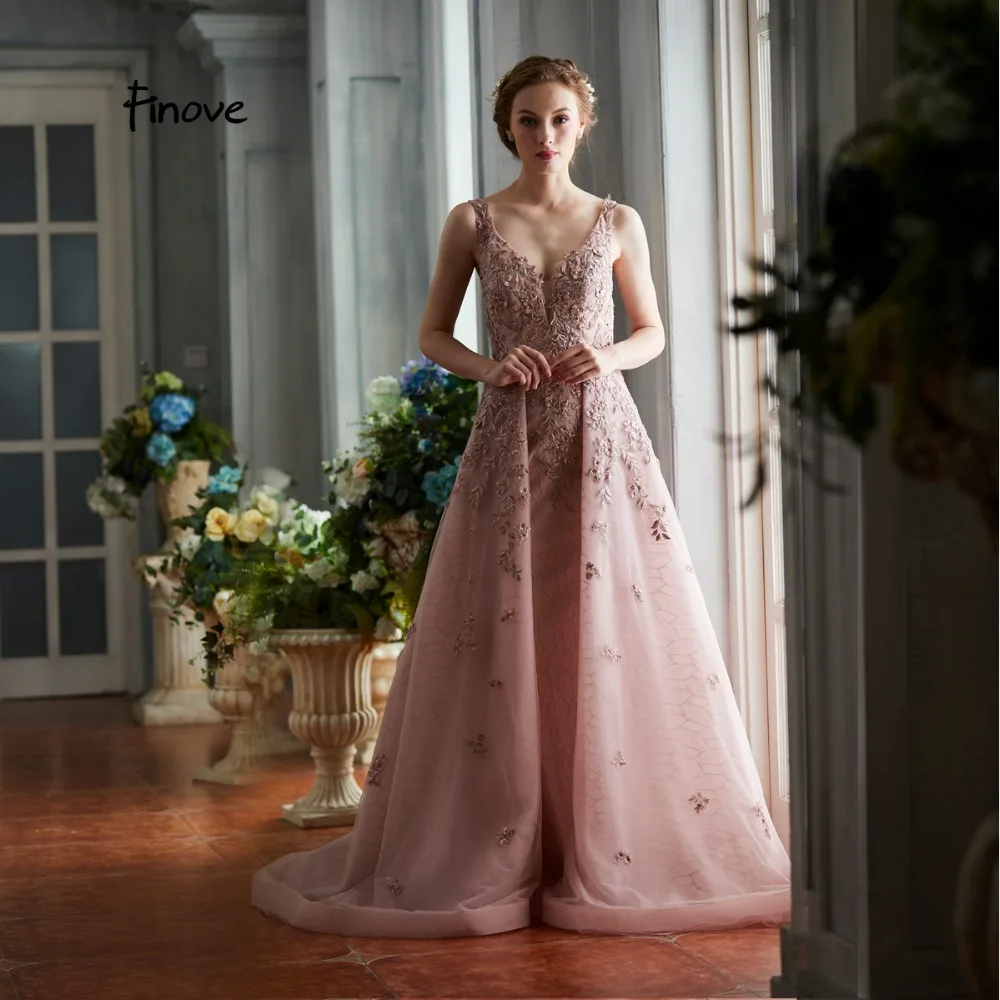 

Finove Evening Dress Long 2019 New Pink Chic Neck Line Sexy Backless Appliques Organza Floor Length Woman Dresses Plus Size
