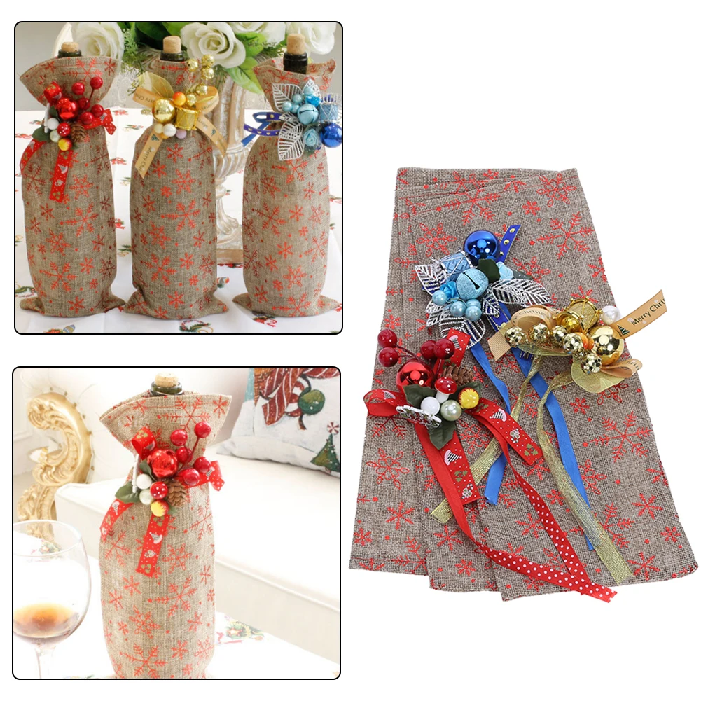 

Christmas Red Wine Bottle Cover Linen Bag and Drop Ornaments Dinner Table Home Decor Christmas Party Dinner Decoration
