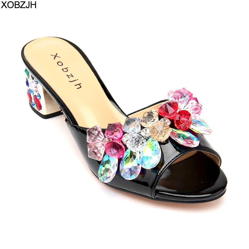 

Women Block Heels Summer Sandals 2019 Open Toe Luxury Leather Ladies Rhinestone Flower Wedding Praty Black Shoes Woman Plus Size