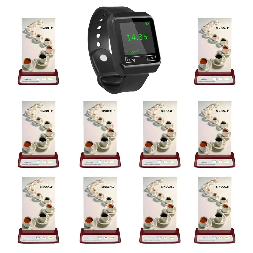

SINGCALL bell wireless service, pressing the call button,1 mobile watch receiver, 10 table bell for shop restaurant