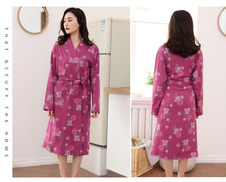 Женские осенние хлопковые халаты размера плюс M-4XL с цветочным принтом халаты для утреннего дома пальто средней длины Весенняя ночная рубашка кимоно для спа
