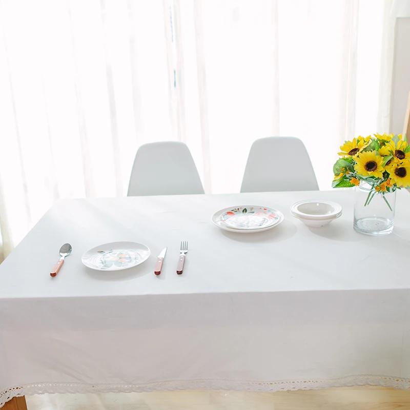 Одноцветная белая скатерть для обеденного стола в деревенском стиле, Пыленепроницаемая Домашняя Декоративная скатерть с кружевным краем, скатерть из хлопка и льна
