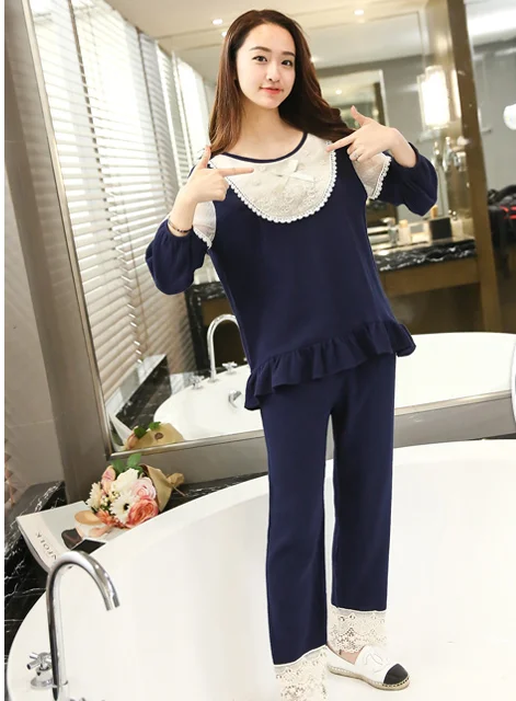

2019 Pregnant women long sleeve clothing set high quality soft comfortable lace patchwork cotton Sleep&Lounge maternity pajamas