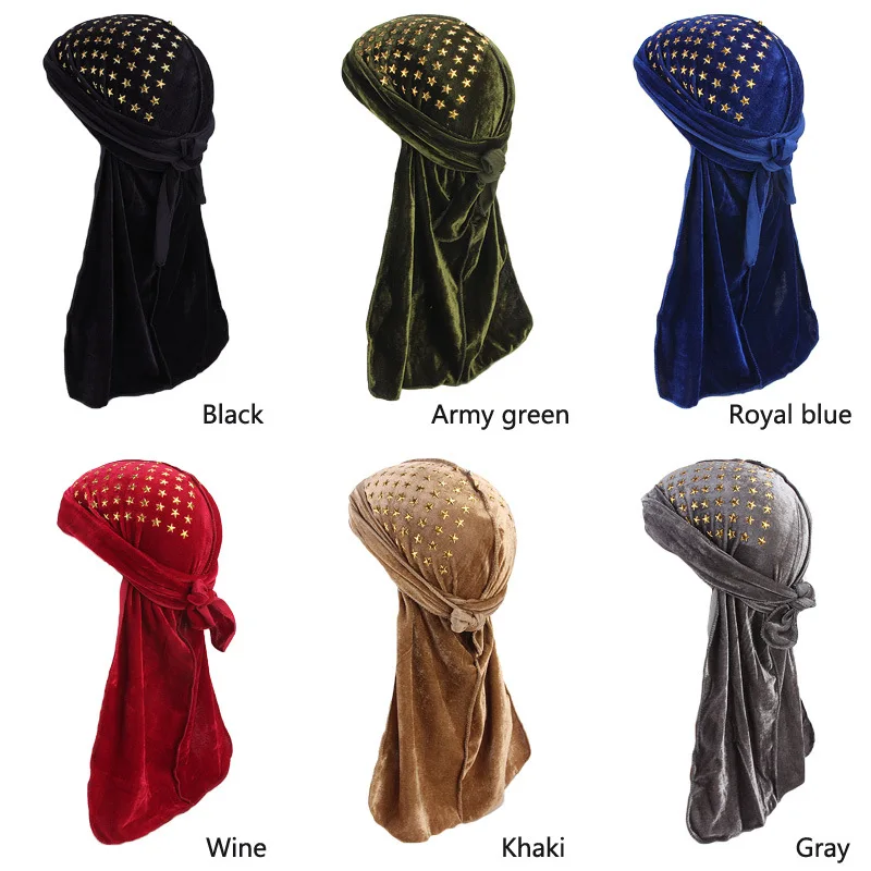 

Cool Pirate Hat Hip Hop Soft Velvet Durang for Men and Women Solid Color Headwraps with Long Tail Durag Girls Hair Accessories
