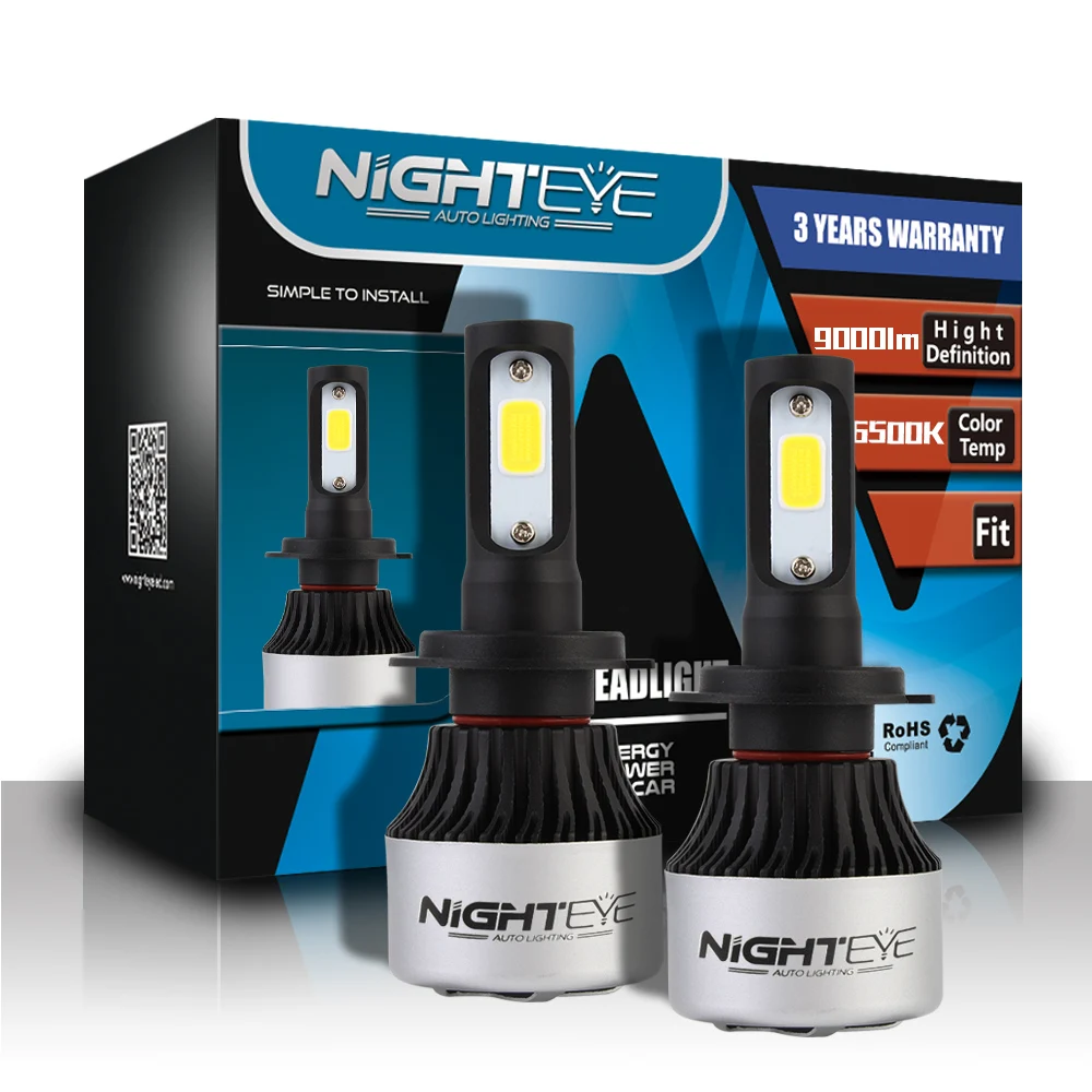 2PCS Nighteye LED H1 H4 H7 H11 9005 9006 72W Car 9000LM 6500K COB LED Headlight Bulbs Driving Fog Bulb Lamp IP68