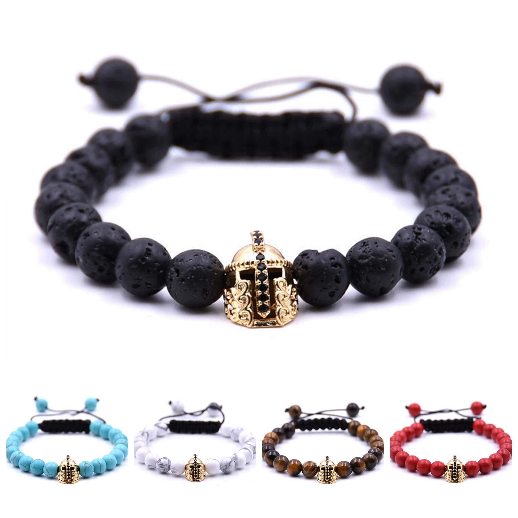 

10PCS/LOT Gold Roman Knight Spartan Warrior Gladiator Helmet Bracelet Stone Bead Bracelets Bangle For Men Jewelry