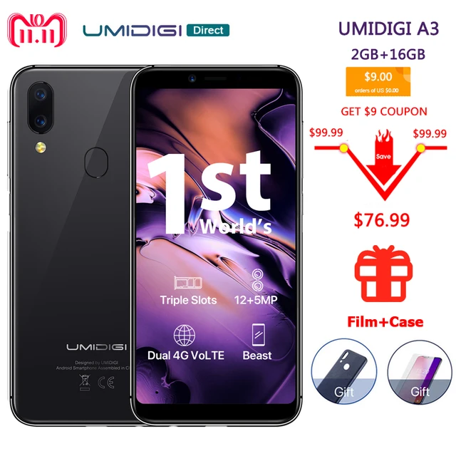 Special Offers UMIDIGI A3 Global Band 5.5" incell HD+ display 2GB+16GB Smartphone Quad core Android 8.1 12MP+5MP Face ID Dual 4G Mobile phone