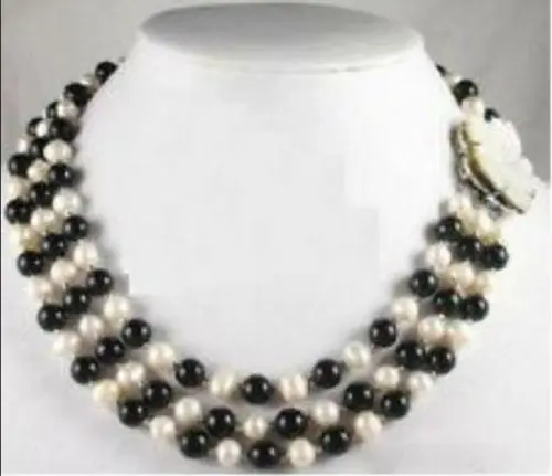 

FREE SHIPPING>>>@@ > N3807 3 Rows Real White Pearl Black Agate Shell Flower Clasp Necklace