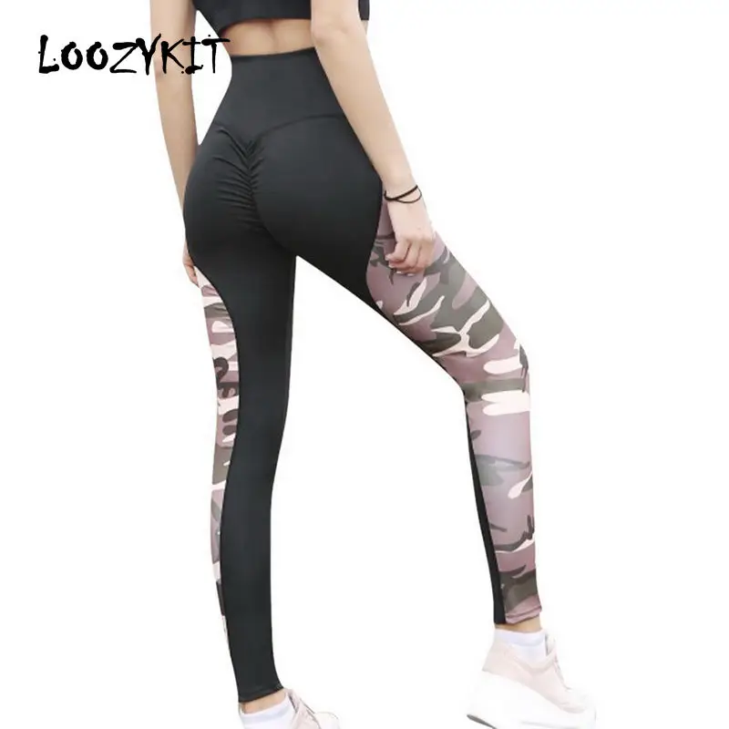 

LOOZYKIT 2019 Women's Cropped Yoga Pants High Waist Stretch Wrinkle Camouflage Print Femme Yoga Hip Ankle-Length Fitness Pants