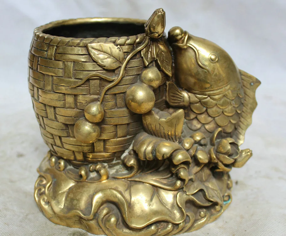 

hui88K812<<<8" Marked Chinese Feng Shui Brass basket Fish calabash cucurbit Pot Jar Crock statue