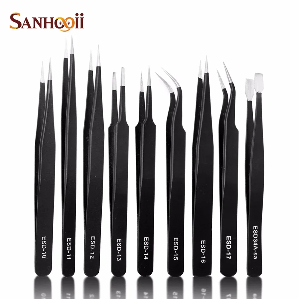 Sanhooii 9PCS ESD Stainless Steel Tweezers Kit for Mobile Repairing Pick up Precision Anti-static Maintenance Tools
